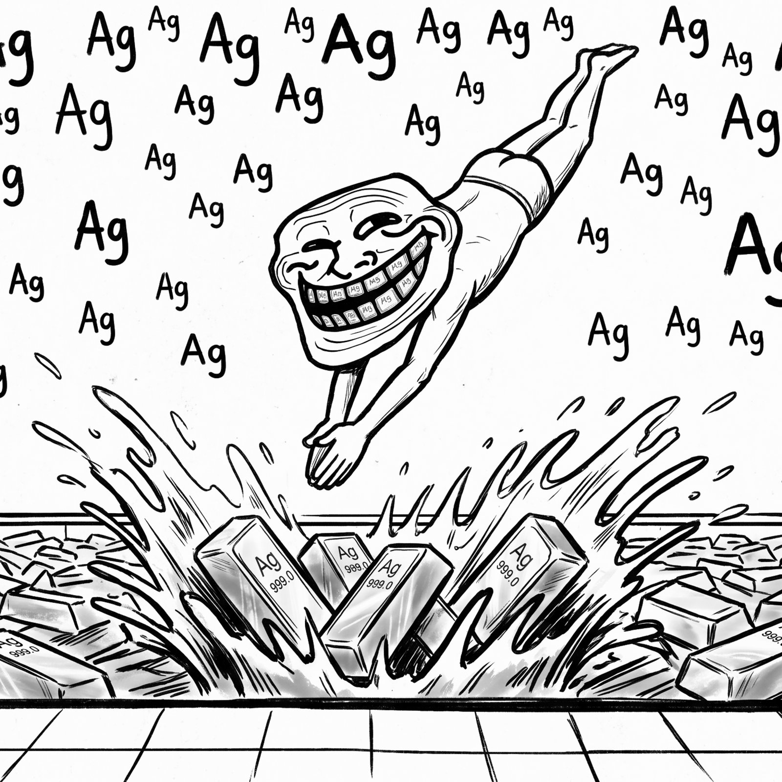 Troll-faced diver leaping into a pool of stacked silver bars, Ag glyphs raining around